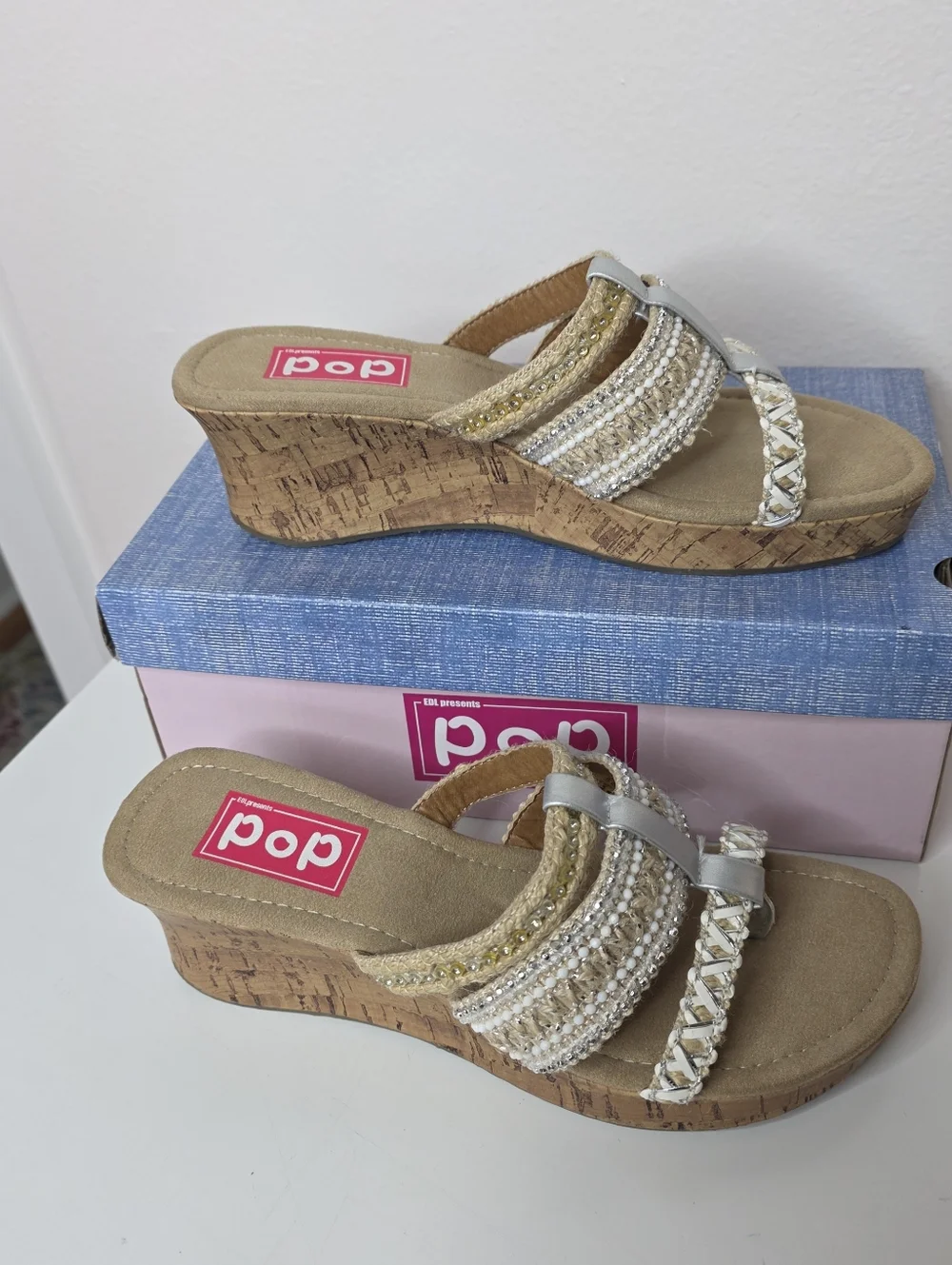 POP Kern Trail Silver & Natural Cork Wedge Thong Slip On Sandals New In Box 9m